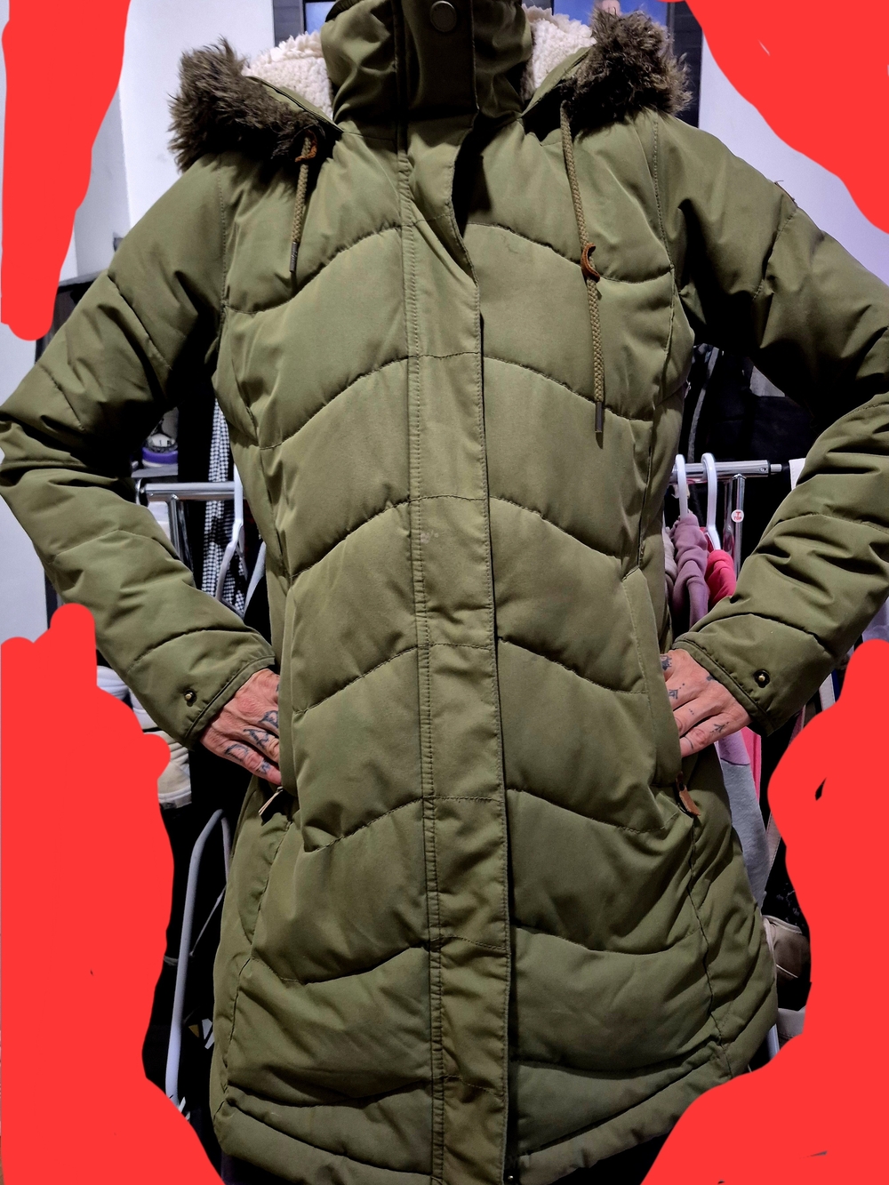 Roxy Olive Green Quilted Women's Puffer Coat with Faux Fur Hood